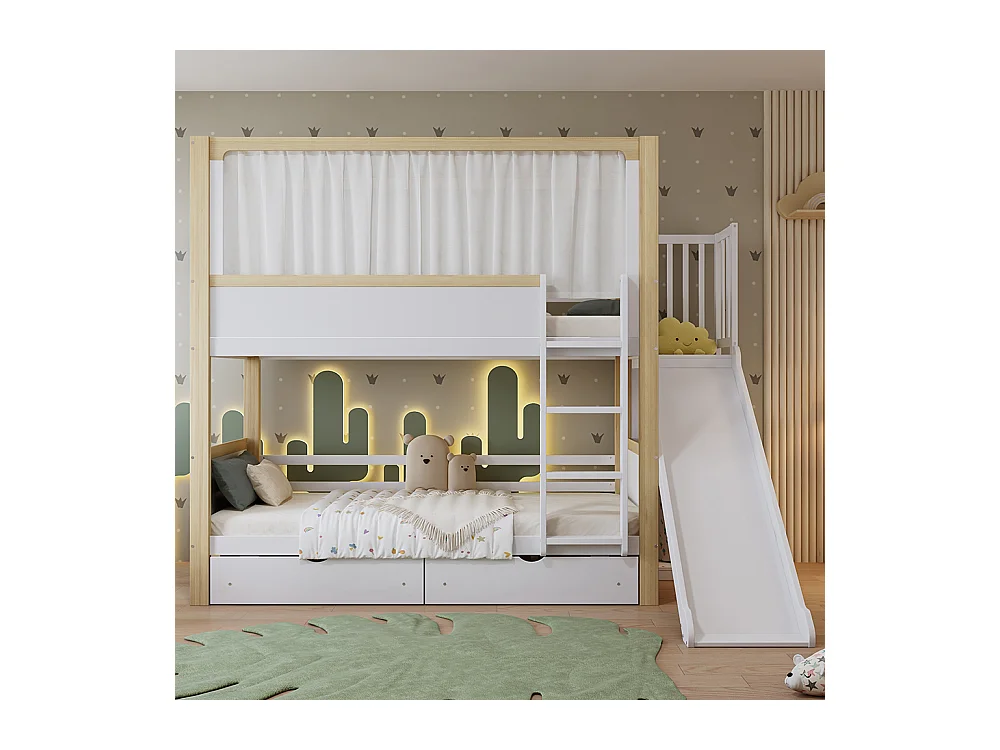Kinderbett 90 x 200 cm, mit Schubladen, Rutsche, Stoffvorhängen für das obere Bett, weiß + naturfarben.