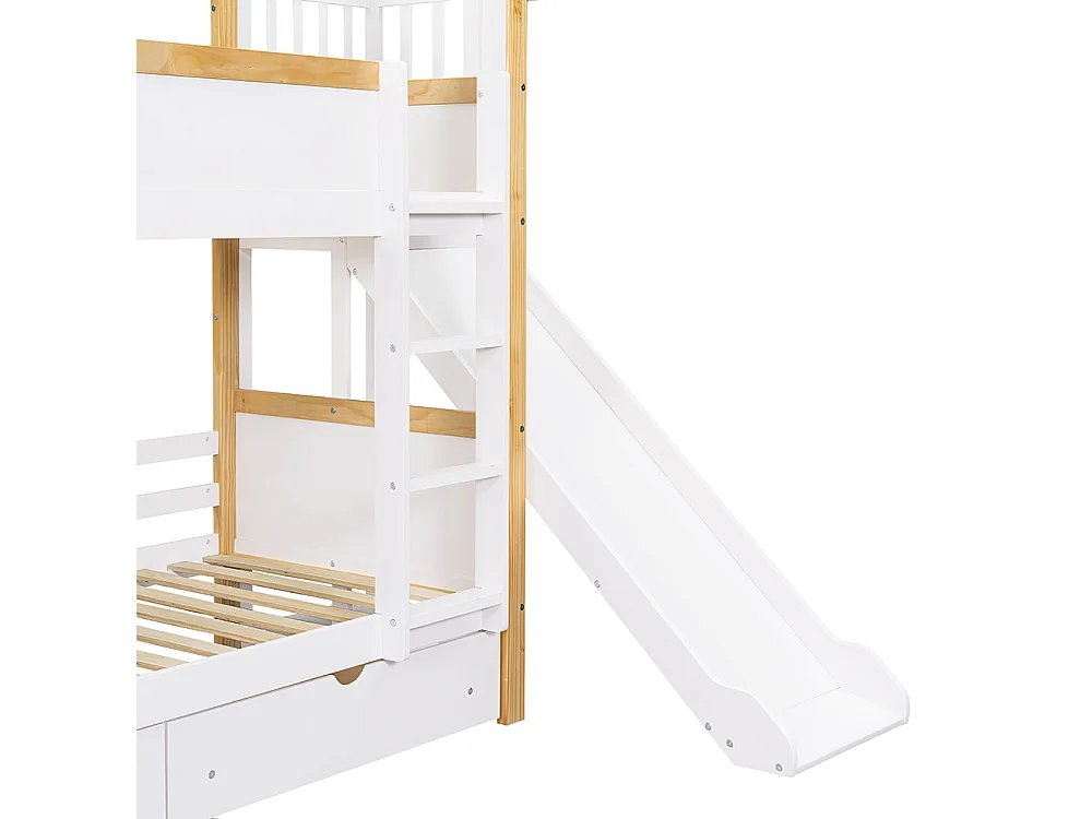 Cama infantil 90 x 200 cm, com gavetas, escorrega, cortinas de tecido para a cama superior, branco + cor natural.