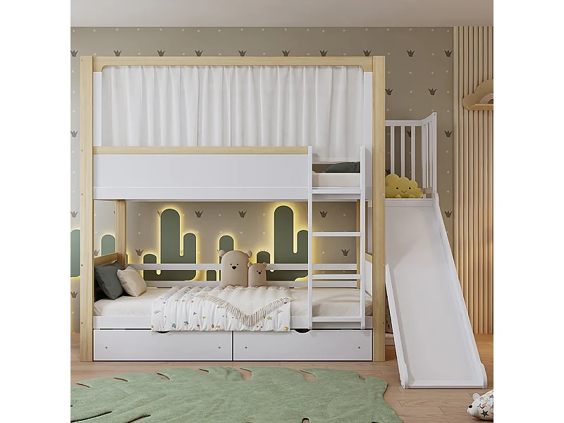 Lit pour enfants 90 x 200 cm, avec tiroirs, toboggan, rideaux en tissu pour le lit supérieur, blanc + couleur naturelle.
