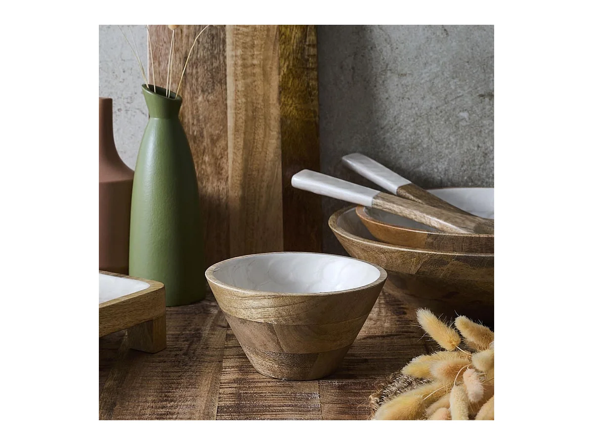 Bol en bois de manguier avec intérieur texturé nid d'abeille beige (Ø15 cm)