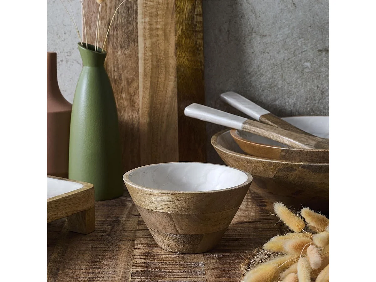 Bol en bois de manguier avec intérieur texturé nid d'abeille beige (Ø15 cm)