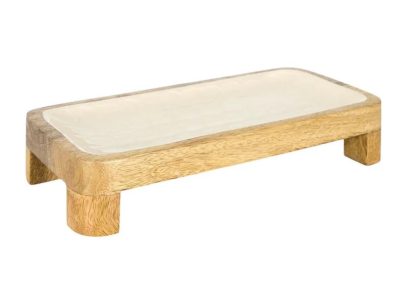 Plat de service en bois de manguier avec intérieur texturé nid d'abeille beige (L30 cm)