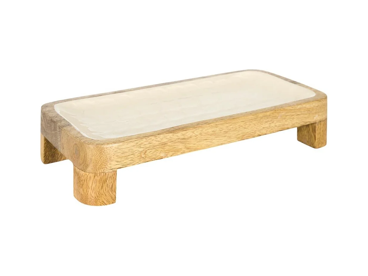 Plat de service en bois de manguier avec intérieur texturé nid d'abeille beige (L30 cm)