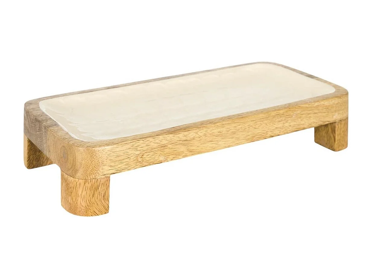 Plat de service en bois de manguier avec intérieur texturé nid d'abeille beige (L30 cm)