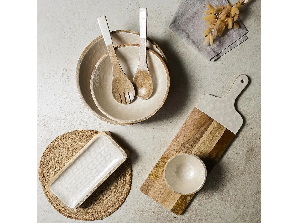 Plat de service en bois de manguier avec intérieur texturé nid d'abeille beige (L30 cm)