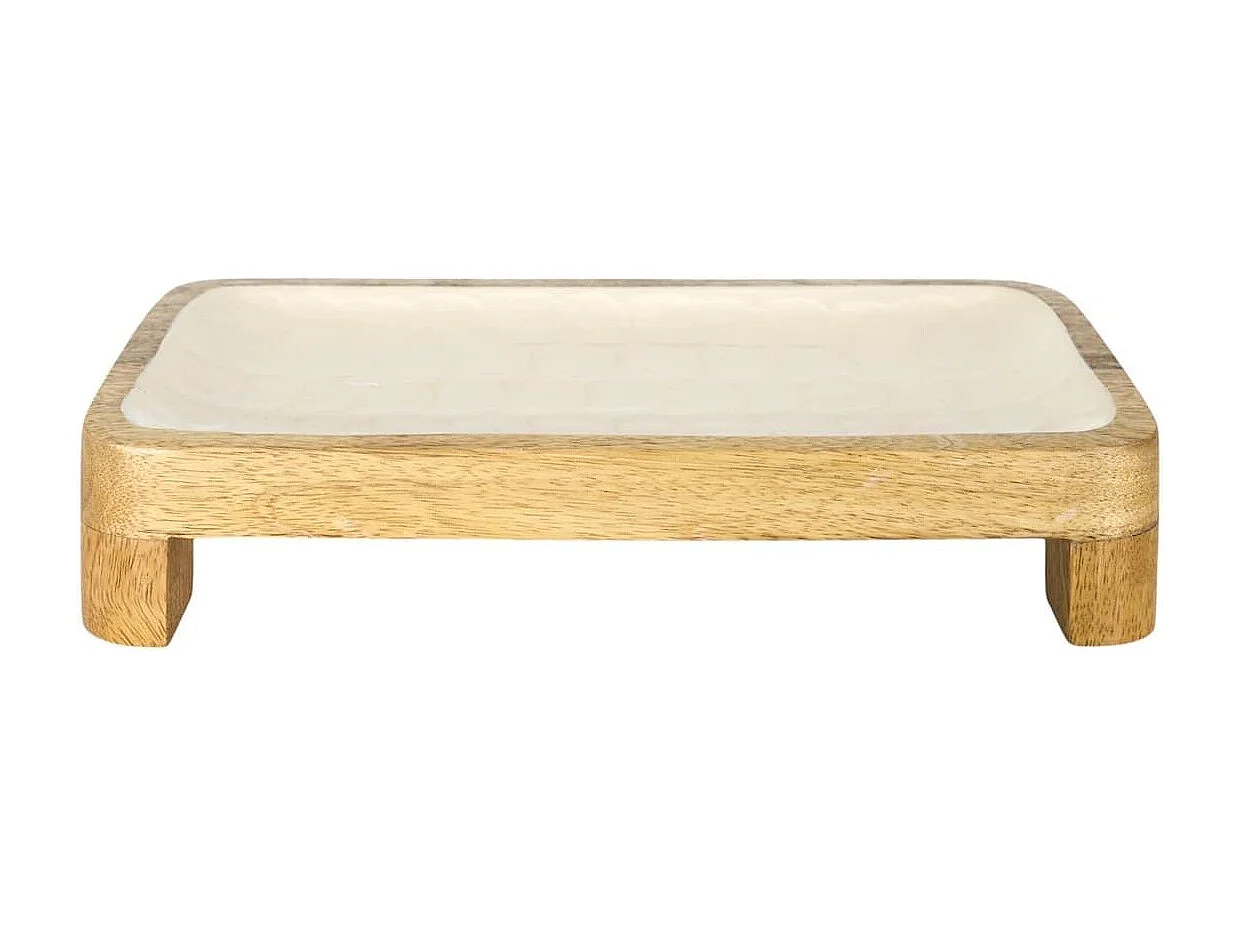 Plat de service en bois de manguier avec intérieur texturé nid d'abeille beige (L30 cm)