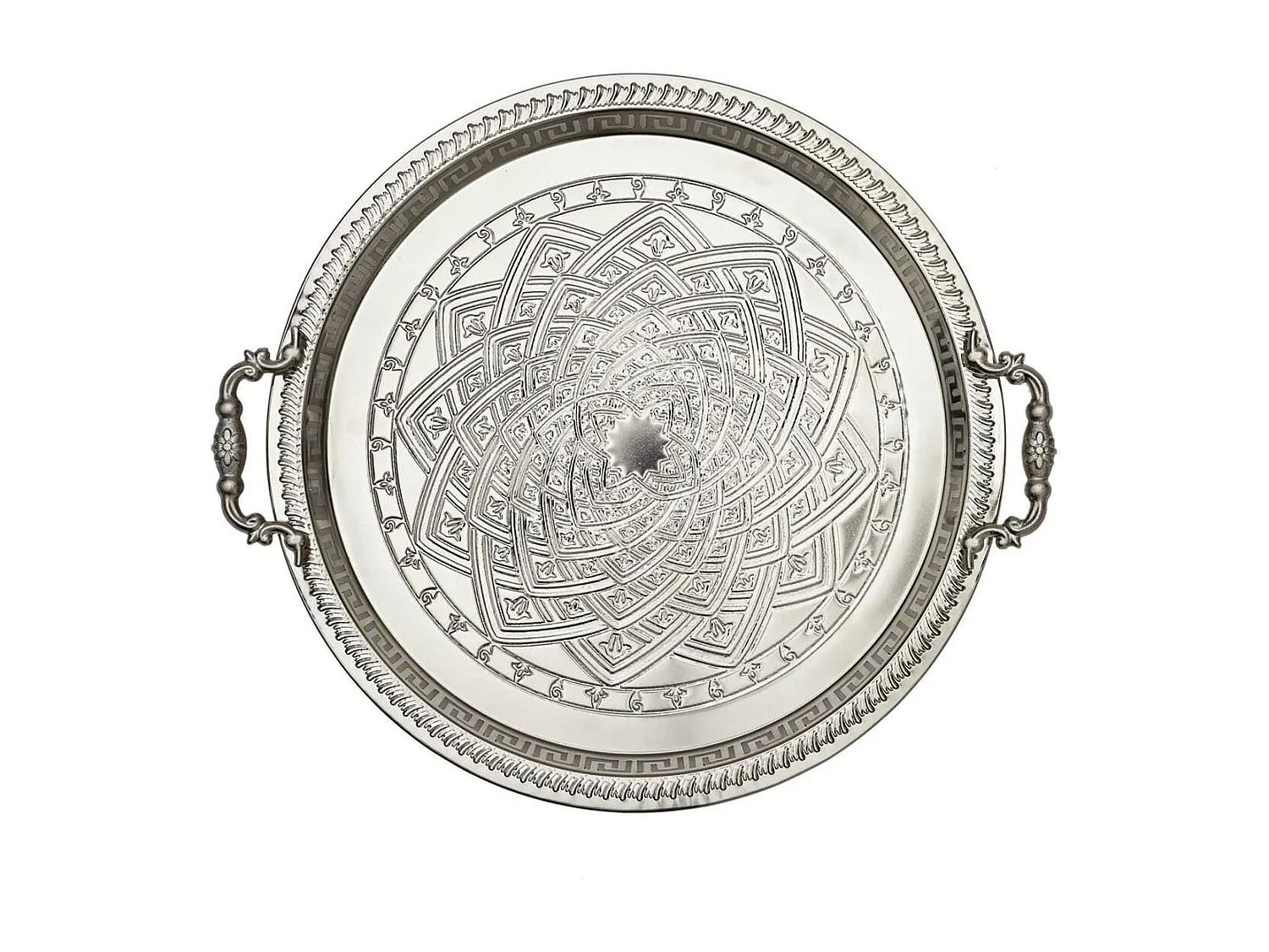 Plateau de Service en Métal Argenté avec poignées Ø42cm - ARMELLE