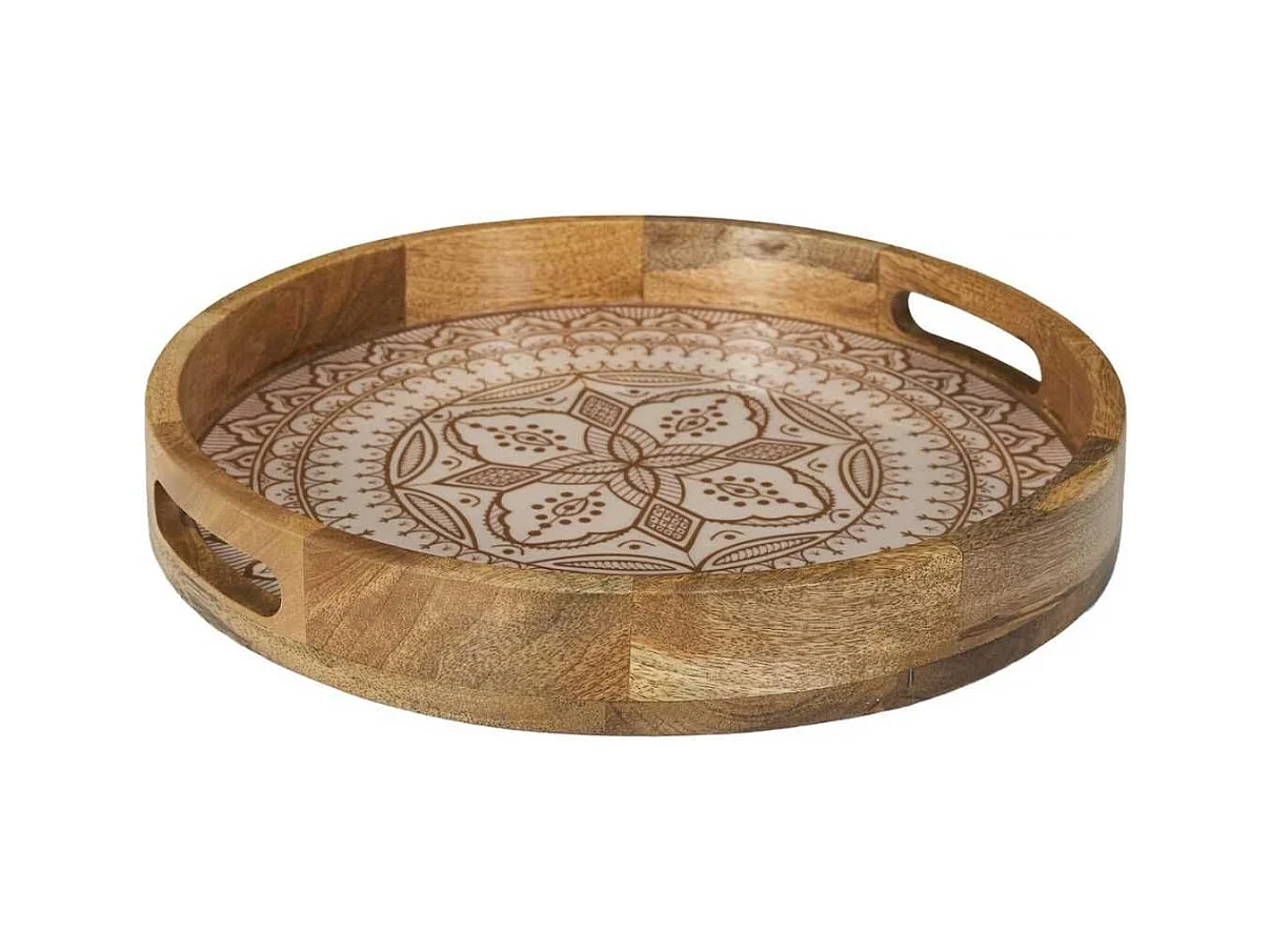 Plateau rond en bois de manguier avec motif mandala brun (Ø35cm) - MANGO