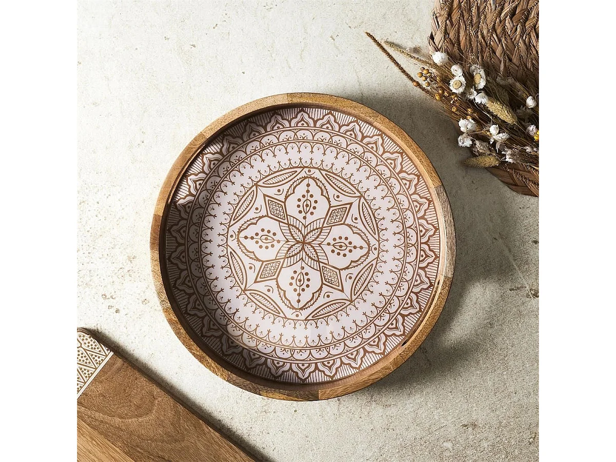 Plateau rond en bois de manguier avec motif mandala brun (Ø35cm) - MANGO