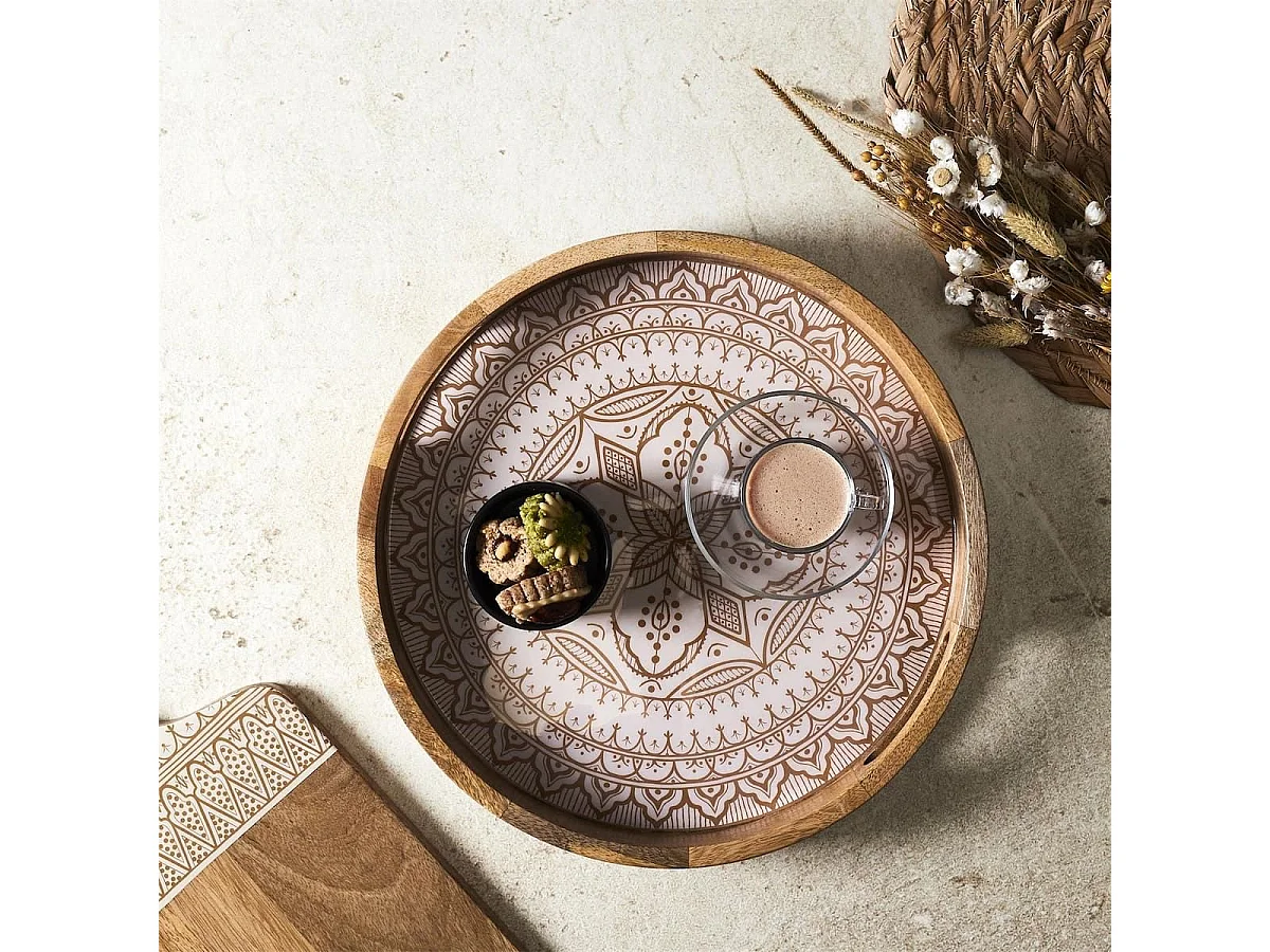 Plateau rond en bois de manguier avec motif mandala brun (Ø35cm) - MANGO
