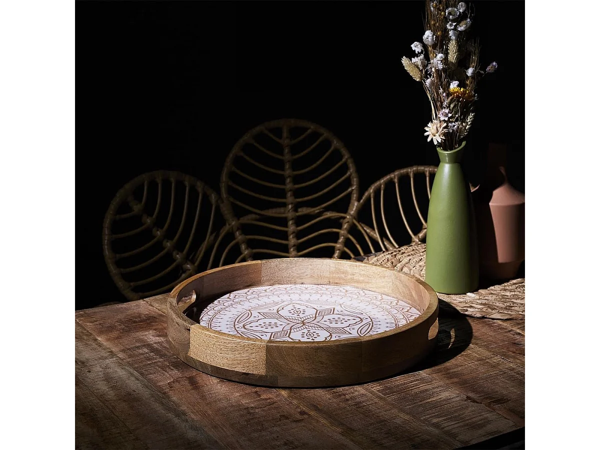 Plateau rond en bois de manguier avec motif mandala brun (Ø35cm) - MANGO