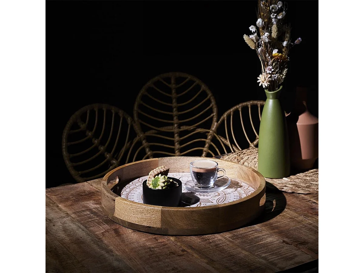 Plateau rond en bois de manguier avec motif mandala brun (Ø35cm) - MANGO