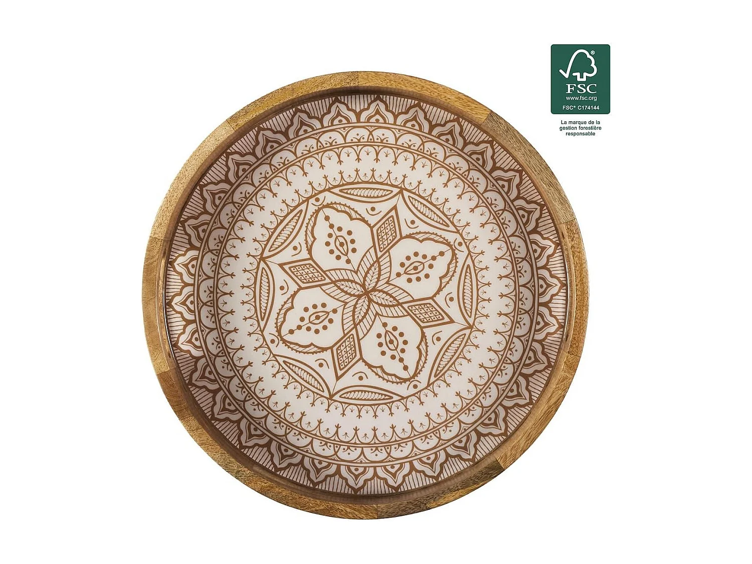 Plateau rond en bois de manguier avec motif mandala brun (Ø35cm) - MANGO