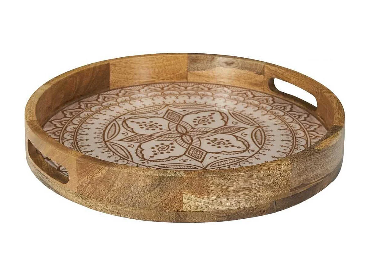 Plateau rond en bois de manguier avec motif mandala brun (Ø35cm) - MANGO