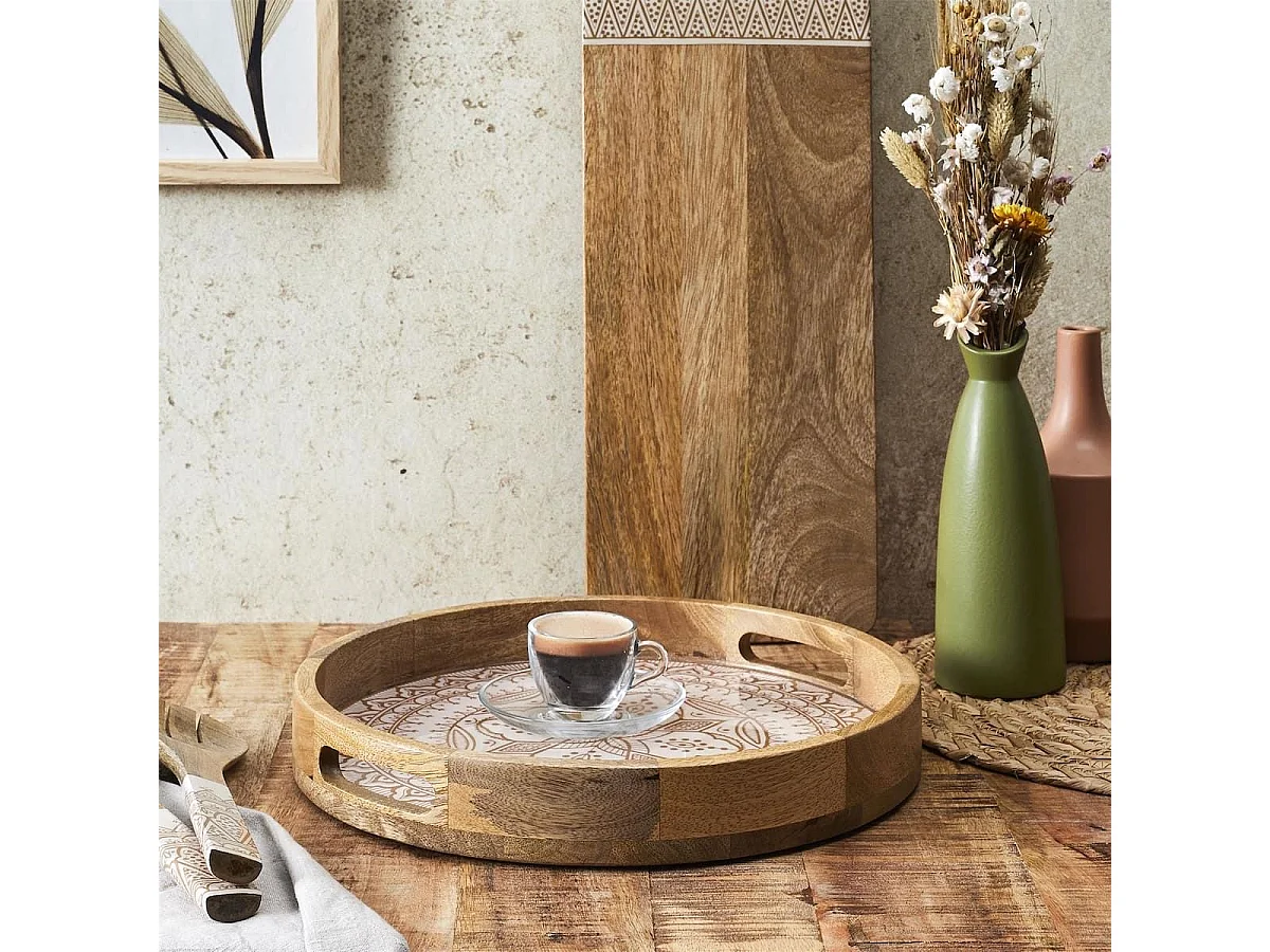 Plateau rond en bois de manguier avec motif mandala brun (Ø35cm) - MANGO