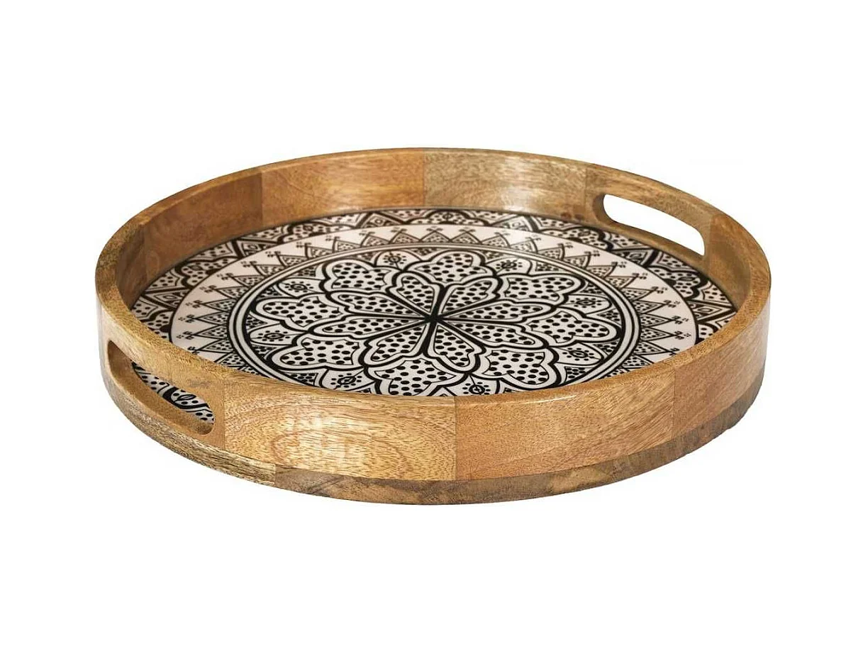 Plateau rond en bois de manguier avec motif mandala noir (Ø35cm) - MANGO