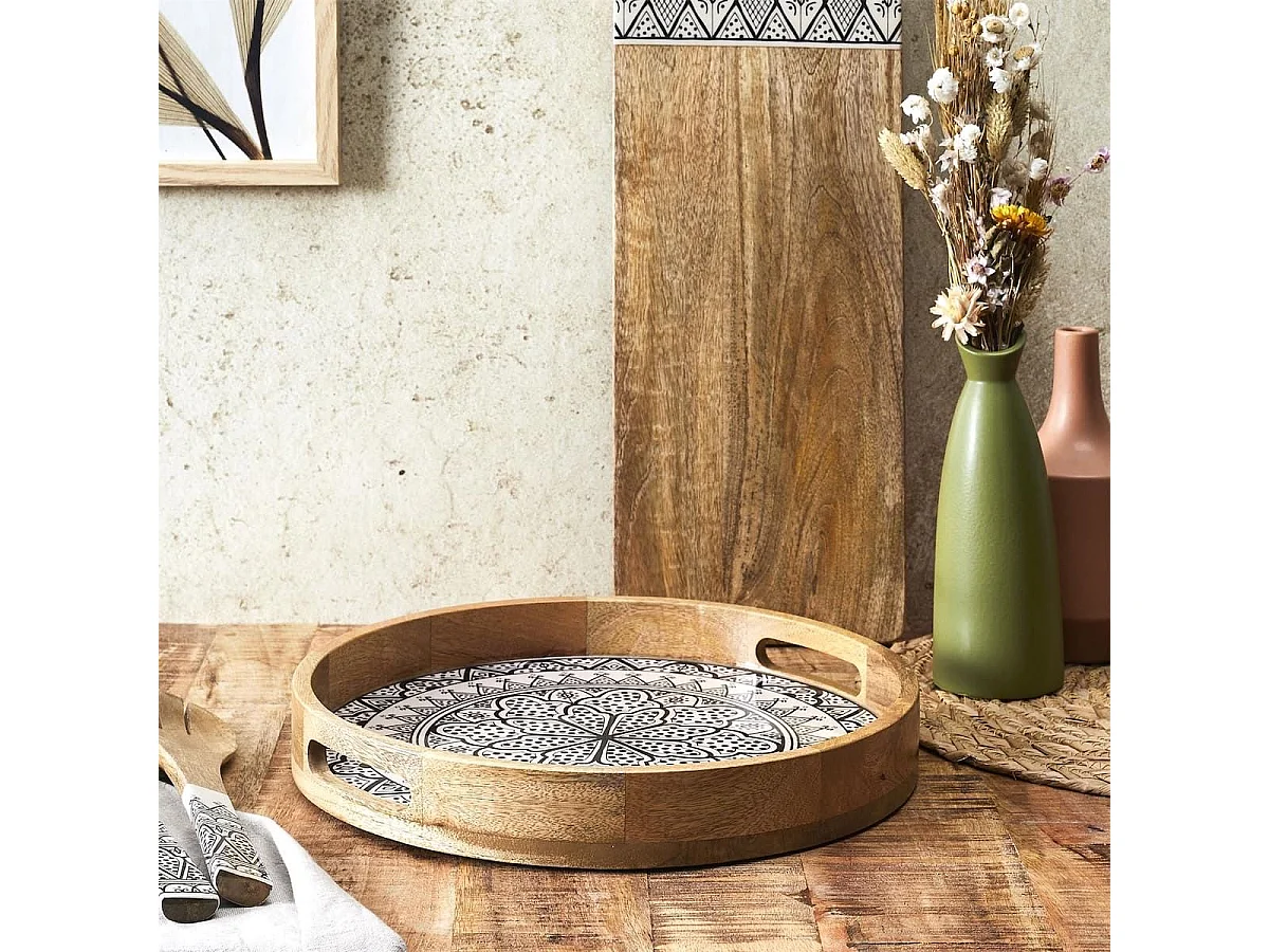 Plateau rond en bois de manguier avec motif mandala noir (Ø35cm) - MANGO