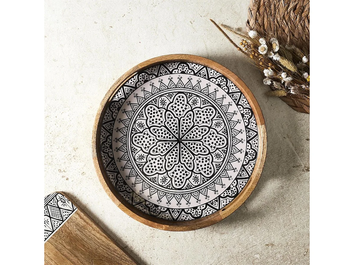 Plateau rond en bois de manguier avec motif mandala noir (Ø35cm) - MANGO