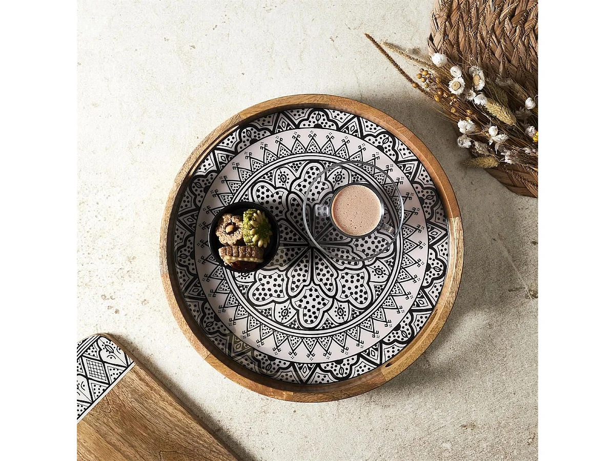 Plateau rond en bois de manguier avec motif mandala noir (Ø35cm) - MANGO