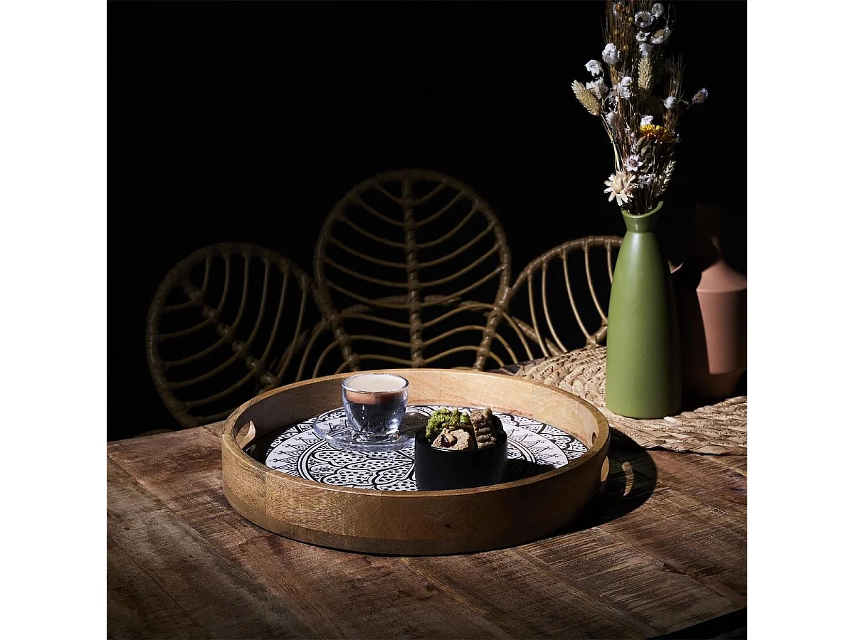 Plateau rond en bois de manguier avec motif mandala noir (Ø35cm) - MANGO