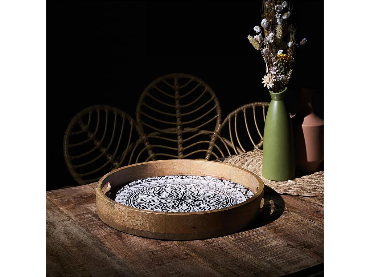 Plateau rond en bois de manguier avec motif mandala noir (Ø35cm) - MANGO
