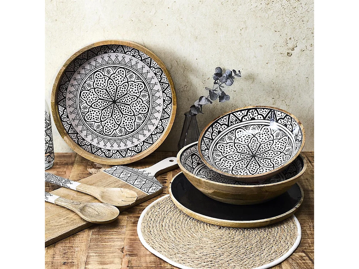 Plateau rond en bois de manguier avec motif mandala noir (Ø35cm) - MANGO
