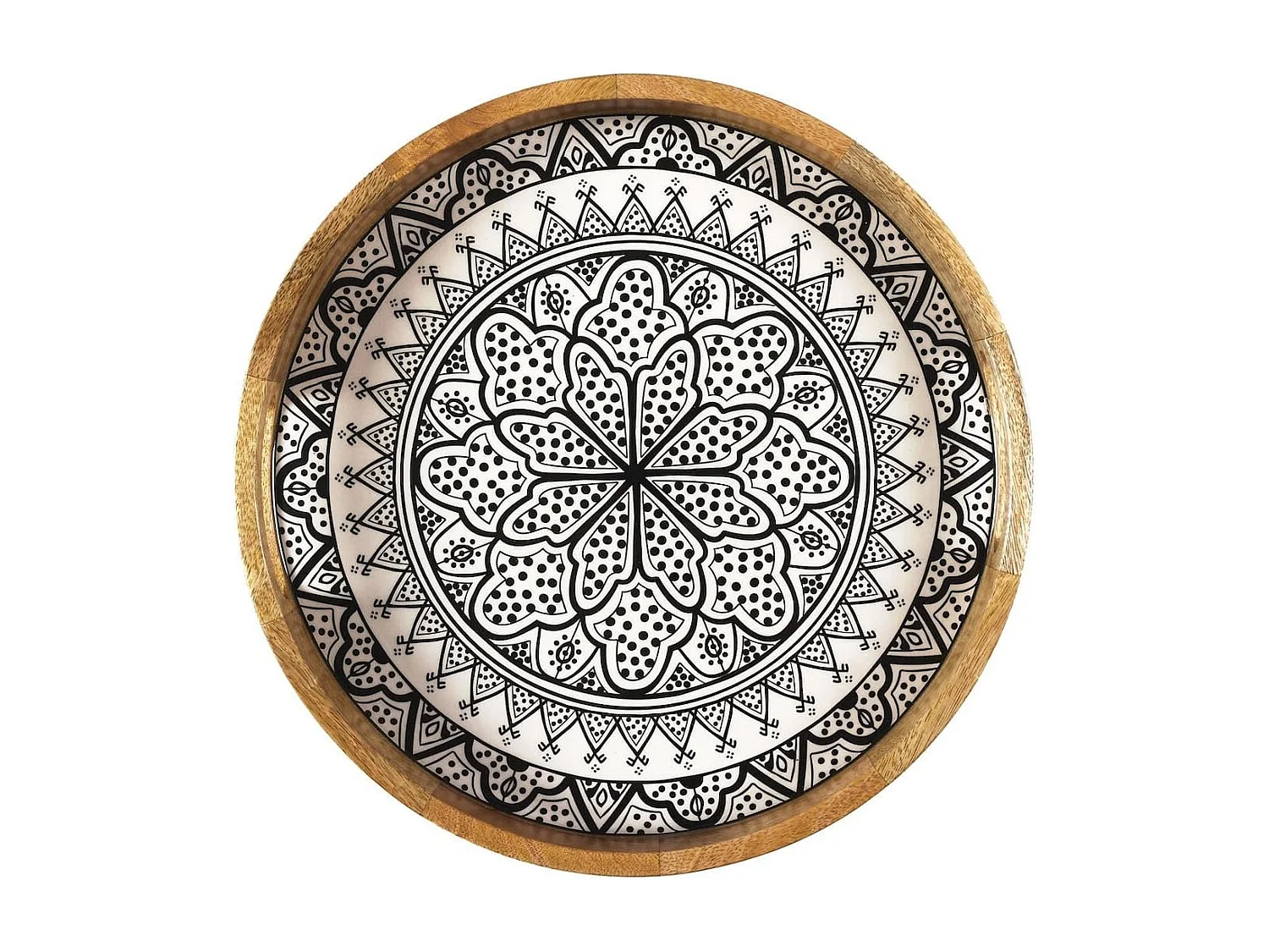 Plateau rond en bois de manguier avec motif mandala noir (Ø35cm) - MANGO