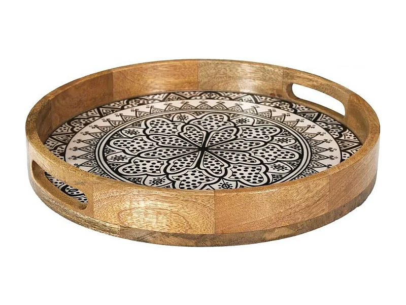 Plateau rond en bois de manguier avec motif mandala noir (Ø35cm) - MANGO