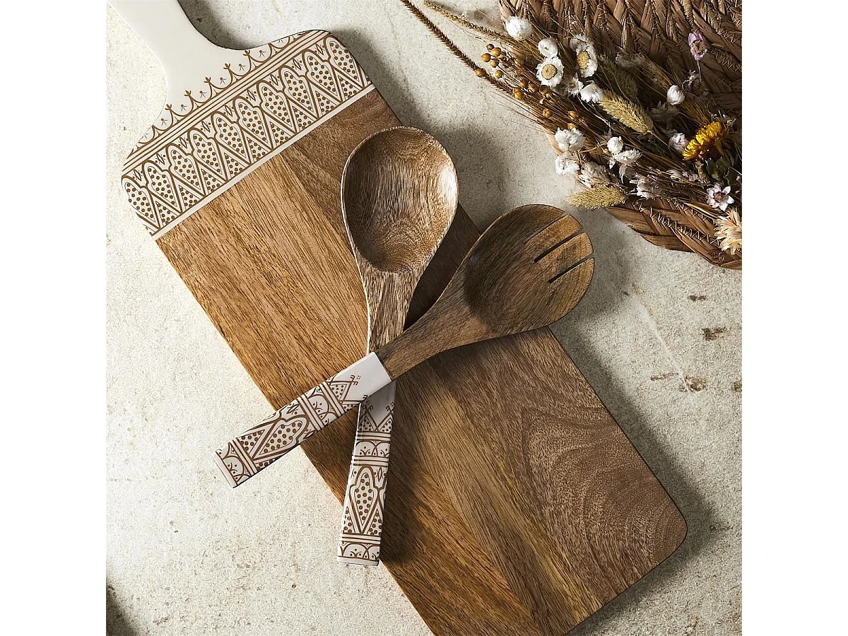 Couverts à salade en bois de manguier avec motif mandala brun - MANGO