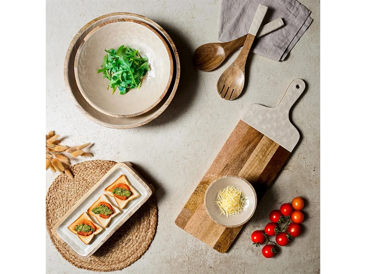 Couverts à salade en bois de manguier avec manche texturé nid d'abeille beige