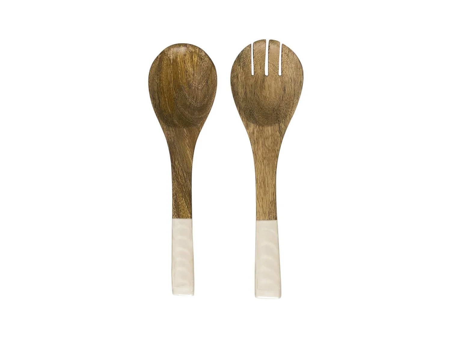 Couverts à salade en bois de manguier avec manche texturé nid d'abeille beige