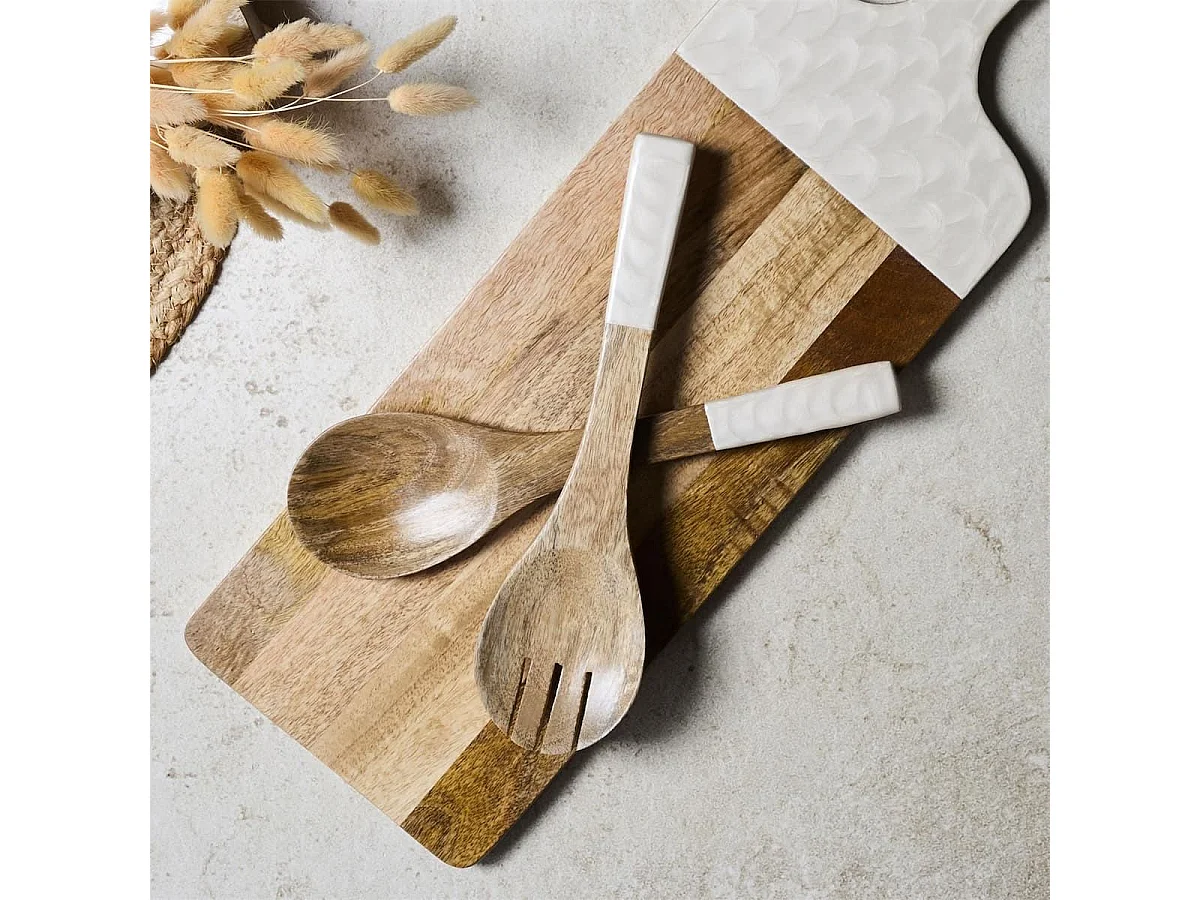 Couverts à salade en bois de manguier avec manche texturé nid d'abeille beige