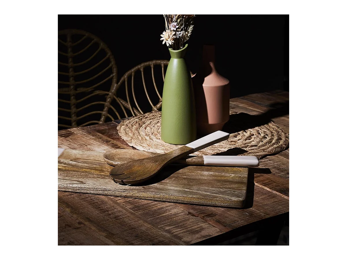 Couverts à salade en bois de manguier uni beige - MANGO