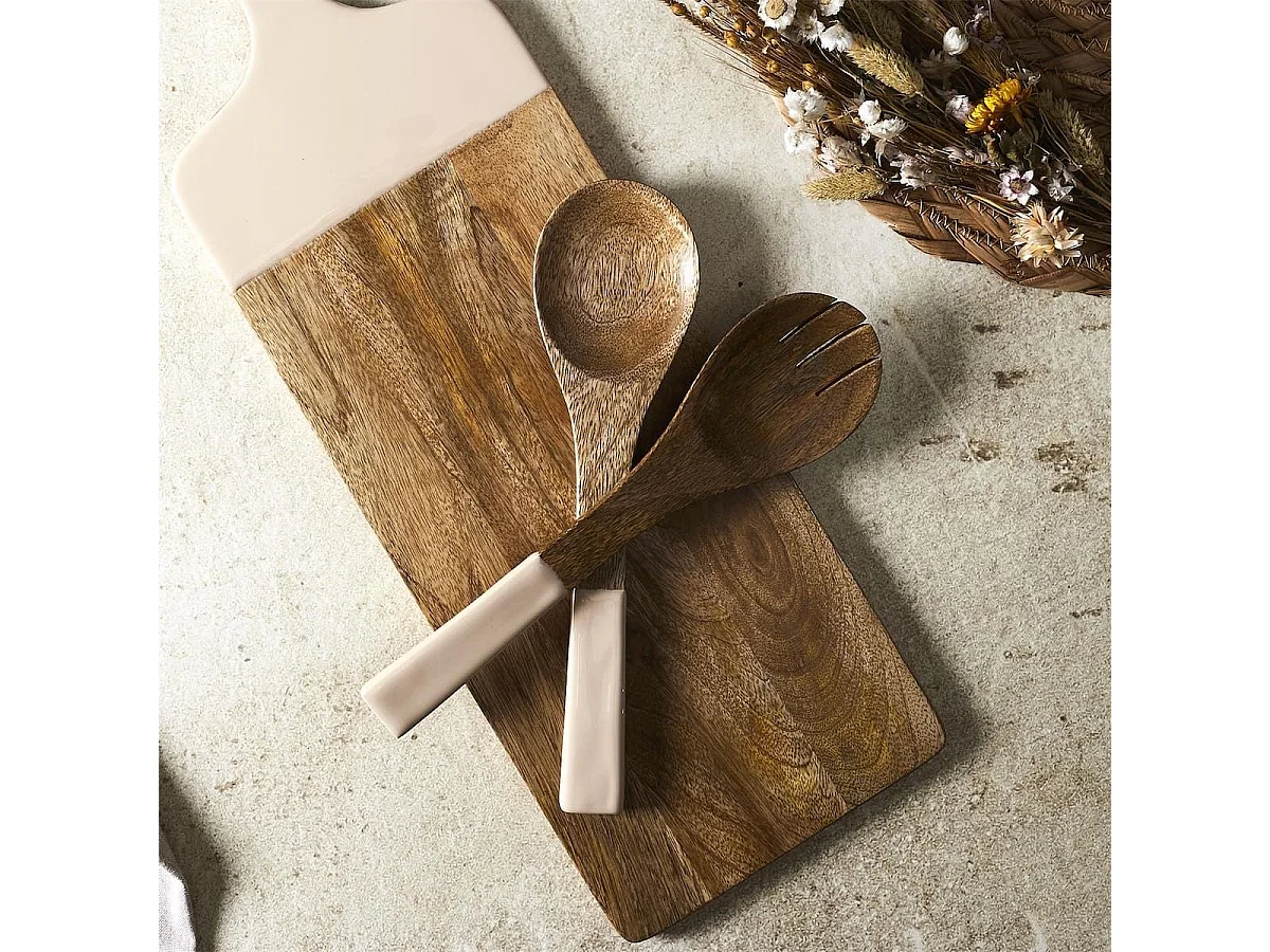 Couverts à salade en bois de manguier uni beige - MANGO