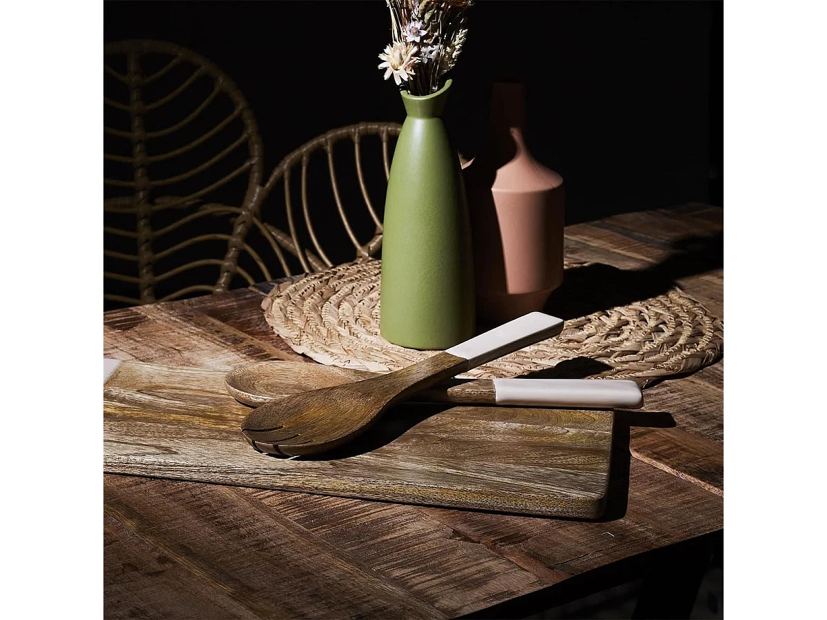 Couverts à salade en bois de manguier uni beige - MANGO