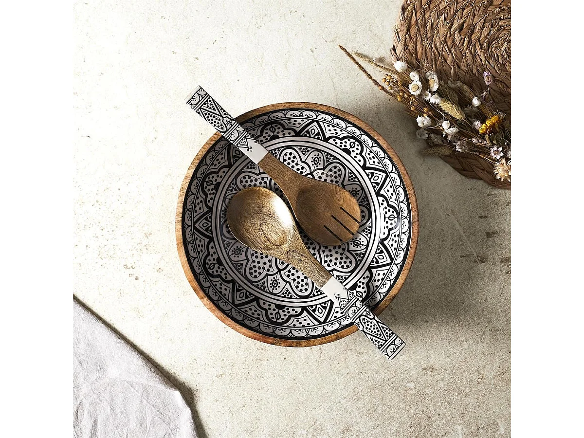 Saladier en bois de manguier avec motif mandala noir (Ø33cm) - MANGO