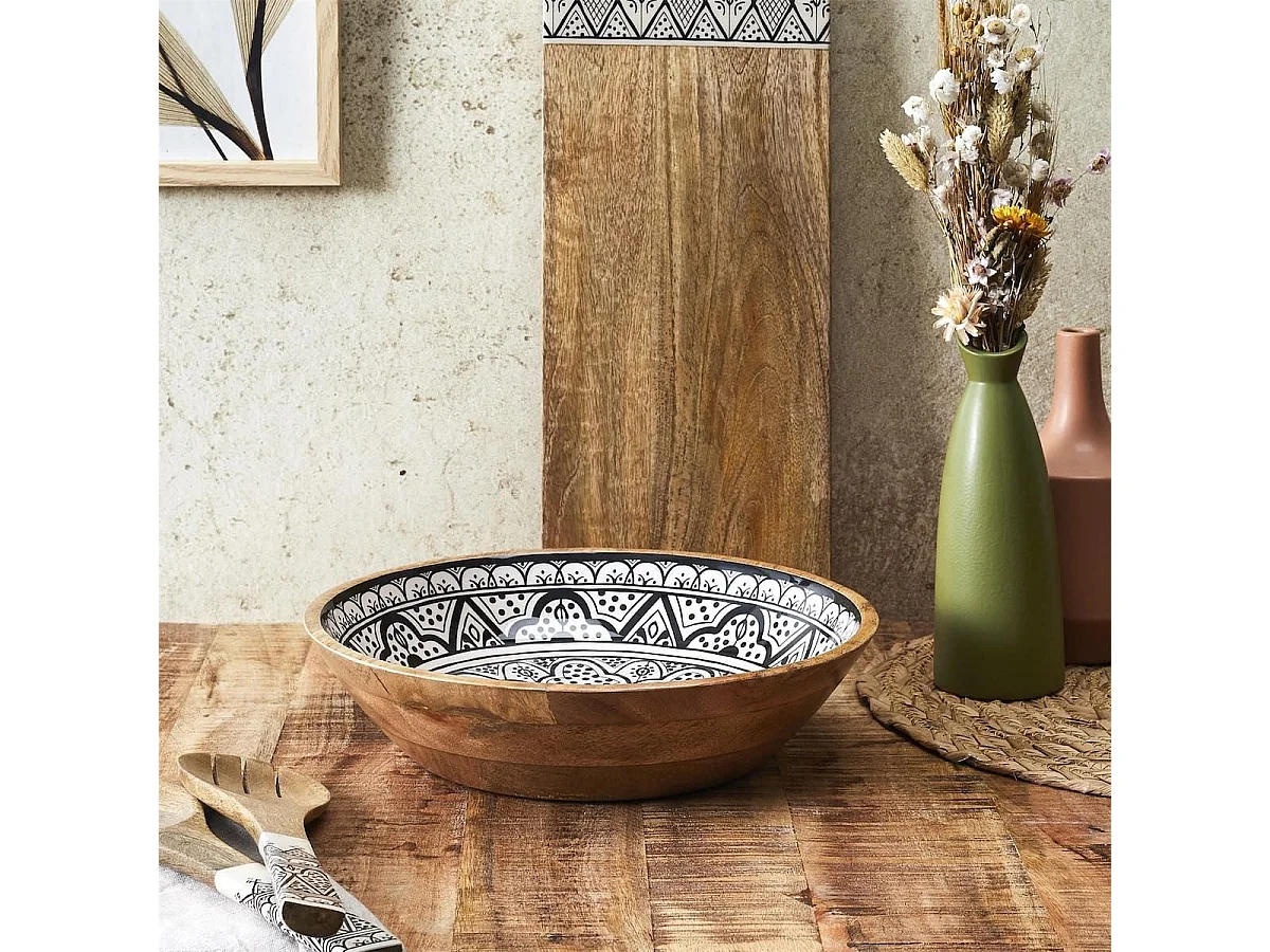 Saladier en bois de manguier avec motif mandala noir (Ø33cm) - MANGO