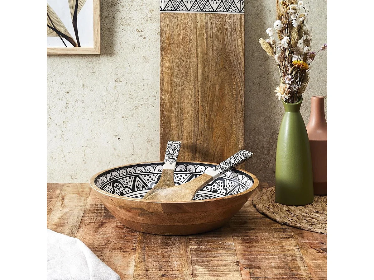 Saladier en bois de manguier avec motif mandala noir (Ø33cm) - MANGO