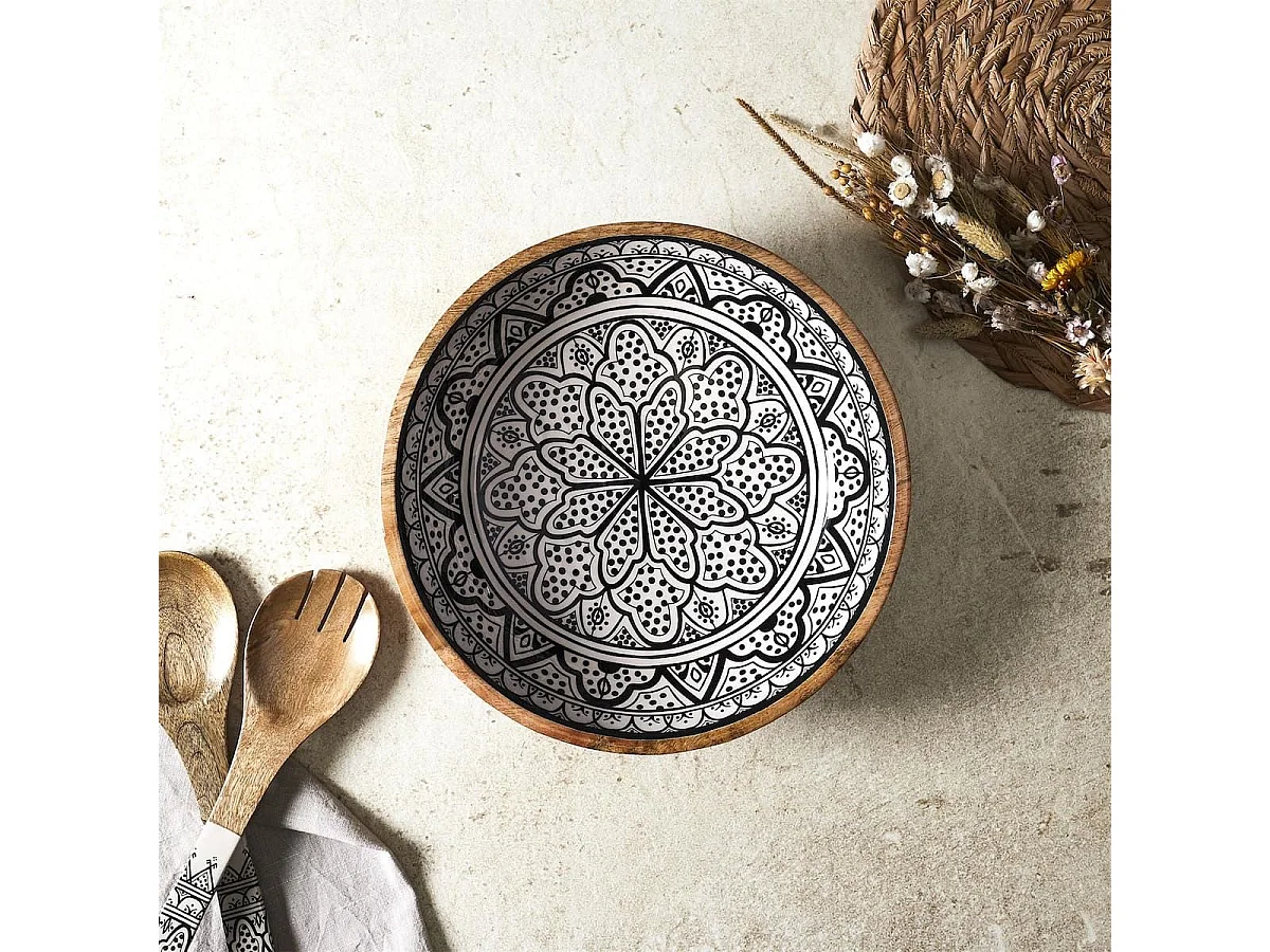 Saladier en bois de manguier avec motif mandala noir (Ø33cm) - MANGO