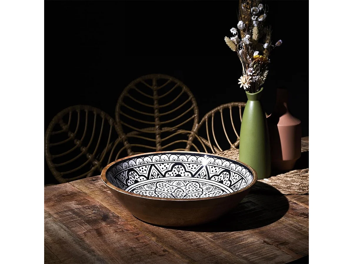 Saladier en bois de manguier avec motif mandala noir (Ø33cm) - MANGO