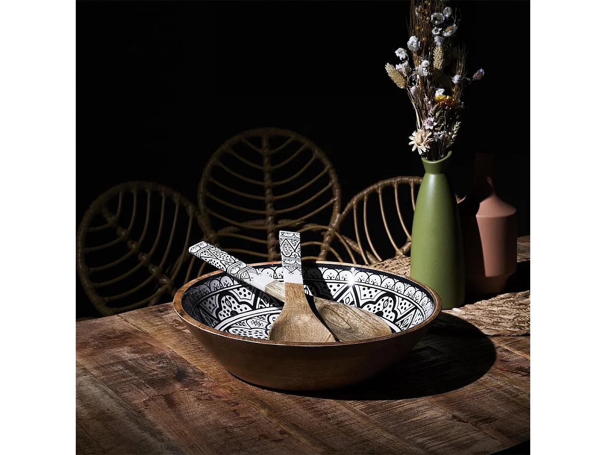 Saladier en bois de manguier avec motif mandala noir (Ø33cm) - MANGO