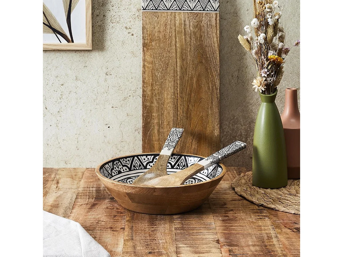 Saladier en bois de manguier avec motif mandala noir (Ø28 cm) - MANGO