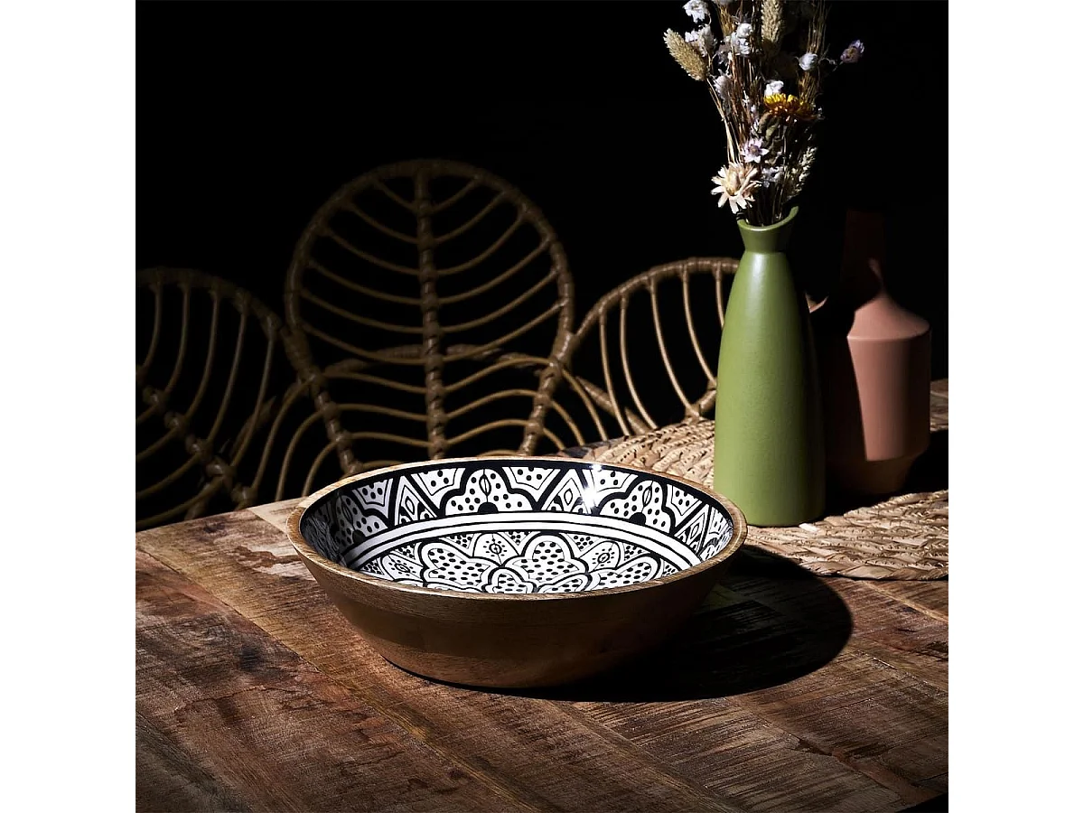 Saladier en bois de manguier avec motif mandala noir (Ø28 cm) - MANGO