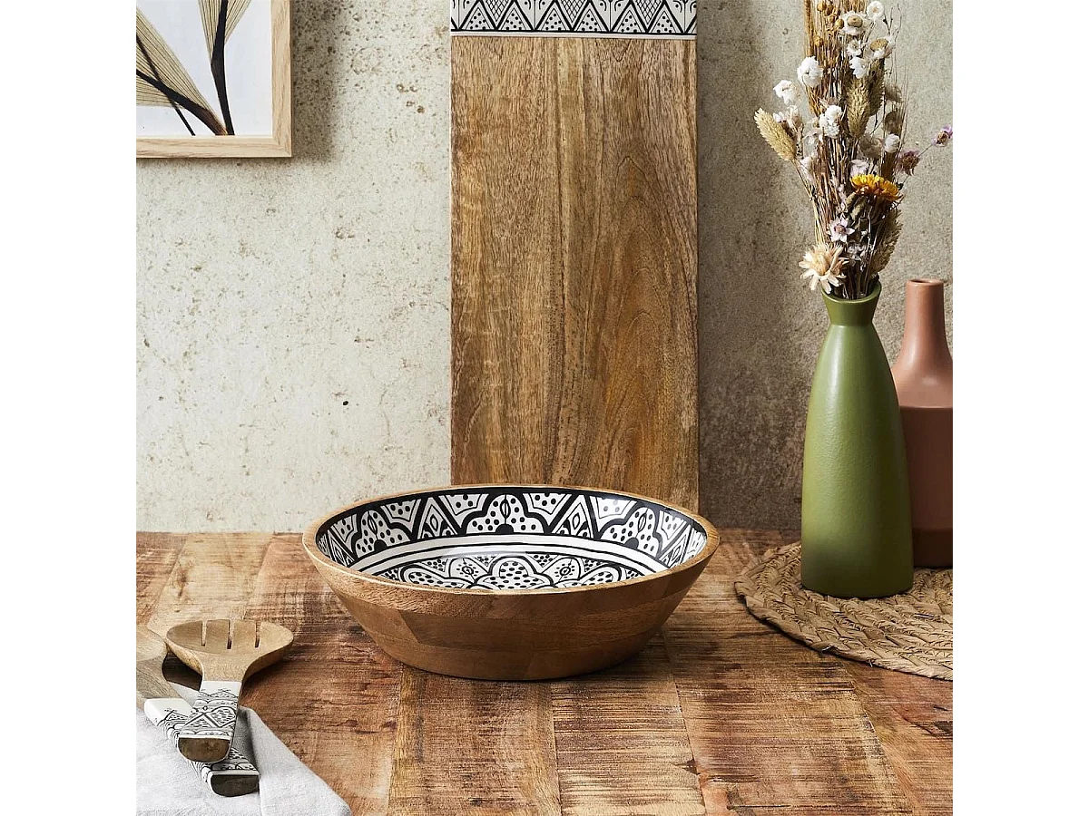 Saladier en bois de manguier avec motif mandala noir (Ø28 cm) - MANGO