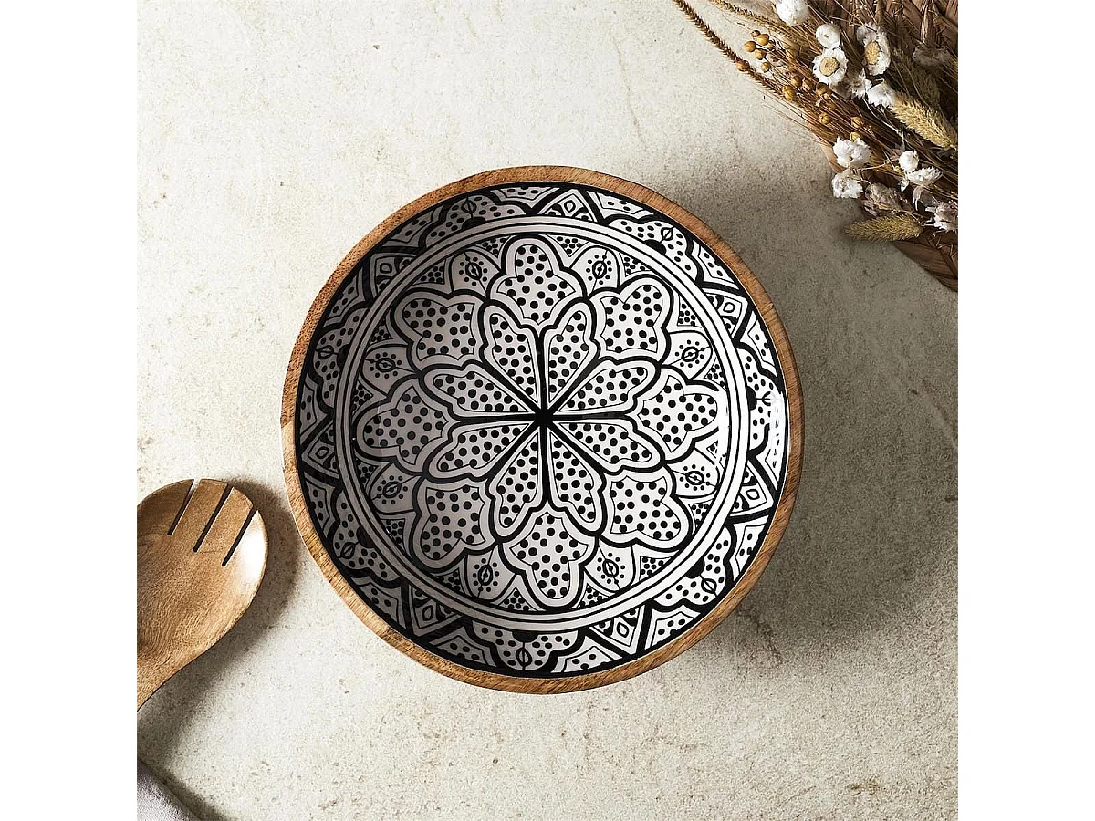Saladier en bois de manguier avec motif mandala noir (Ø28 cm) - MANGO