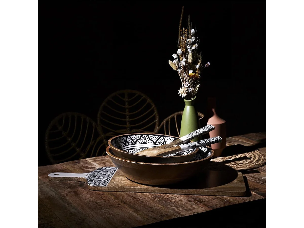 Saladier en bois de manguier avec motif mandala noir (Ø28 cm) - MANGO
