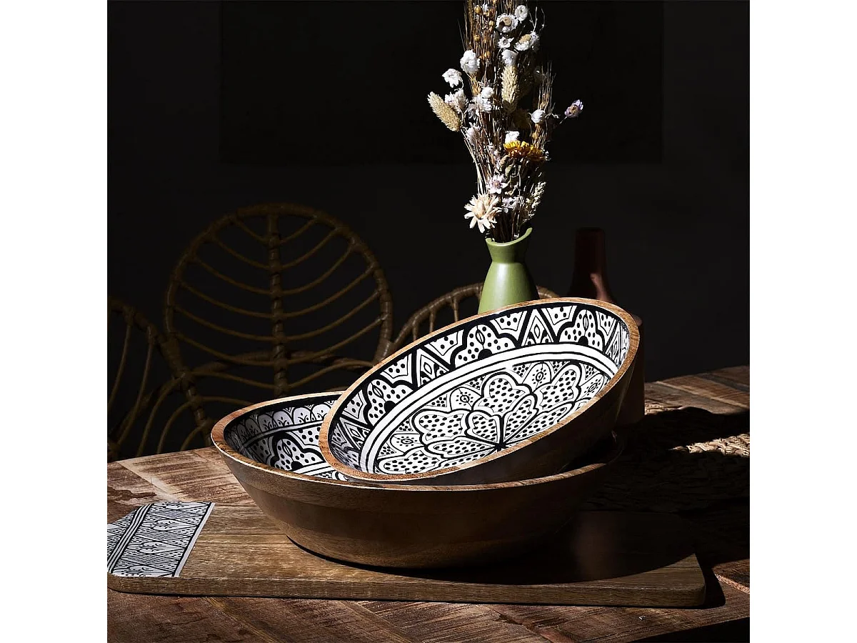Saladier en bois de manguier avec motif mandala noir (Ø28 cm) - MANGO