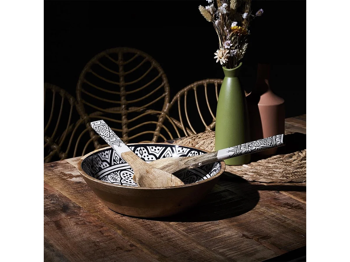 Saladier en bois de manguier avec motif mandala noir (Ø28 cm) - MANGO