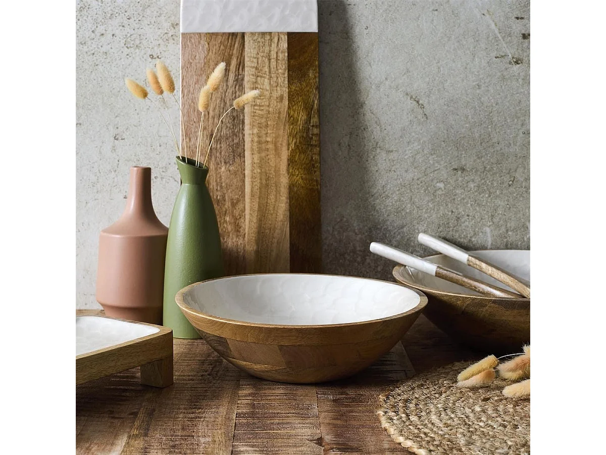 Saladier en bois de manguier avec intérieur texturé nid d'abeille beige (Ø27,5 cm)