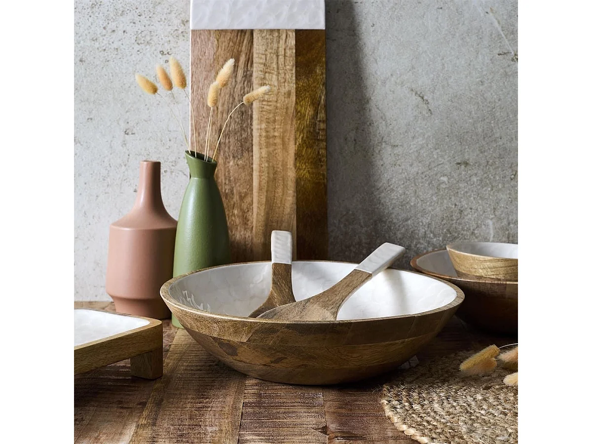 Saladier en bois de manguier avec intérieur texturé nid d'abeille beige (Ø33 cm)